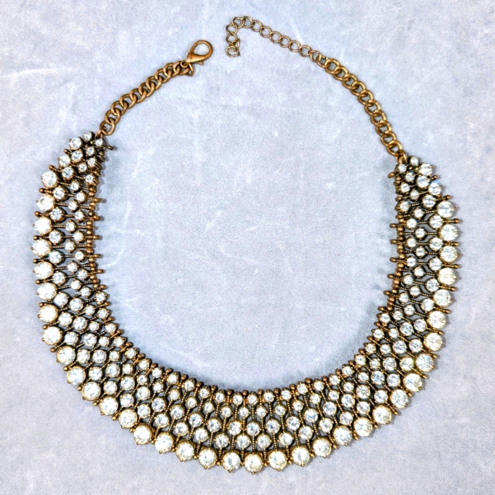 Crystal Statement Collar Necklace – Gold Tone, Adjustable Choker 15-18 Inches